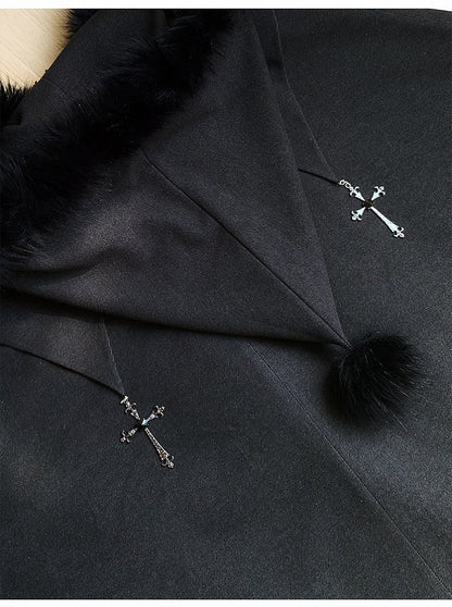 Witch Trim Cross with Fur Autumn for and Faux Winter Lolita Gothic Charms Black Cloak