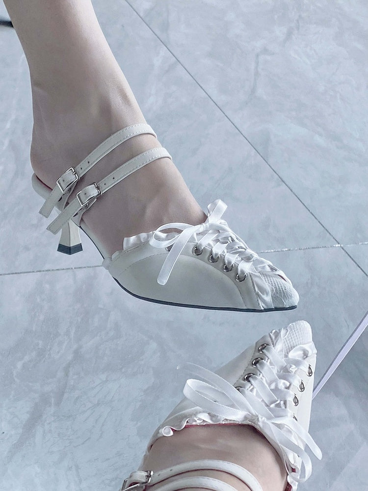 White Pointed Sandals Toe Gothic Slingback Lace-up Detail