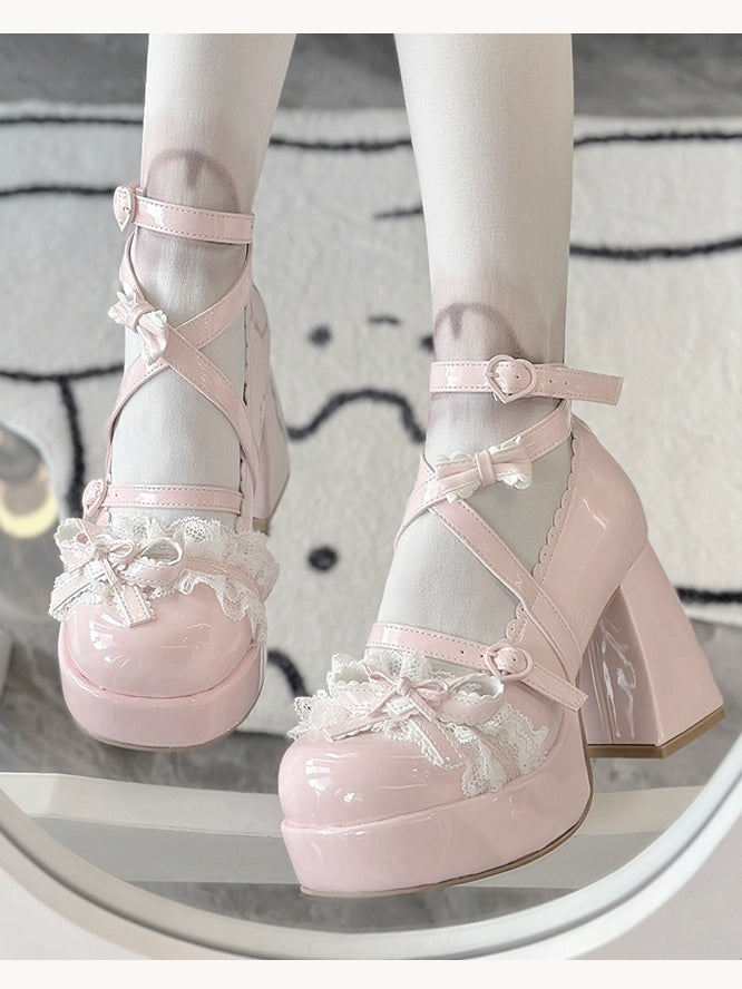 Lolita Heels White Lace Top Ruffles Patch Shoes Heart Bow Layered Block
