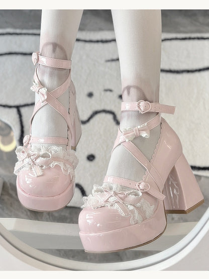 Lolita Heels White Lace Top Ruffles Patch Shoes Heart Bow Layered Block