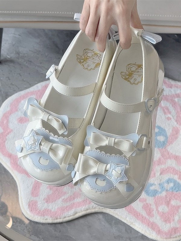 Platform Sweet Heart Blue Decor with Bow Jane Round-Toe Details Shoes White Mary Lolita