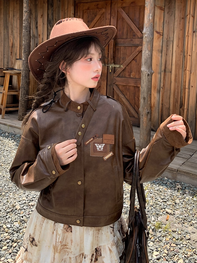 Brown Badge Autumn for Appliques Vintage PU Jacket
