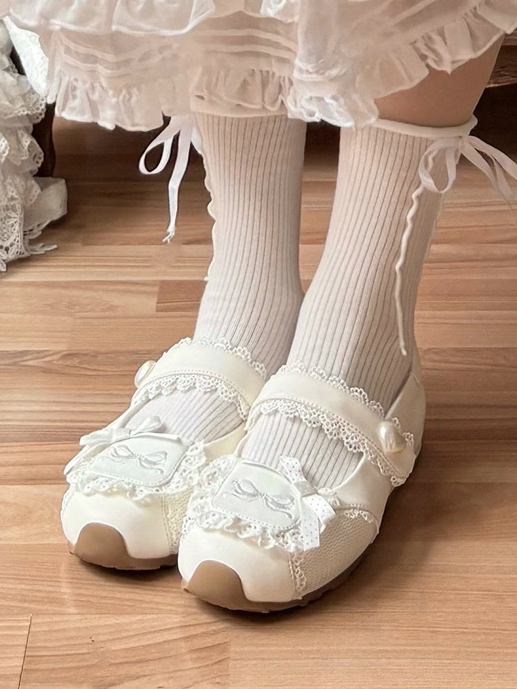 Heart-Adorned Bow Velcro Trim Sweet - Details Flat Lolita Lace Straps White Shoes