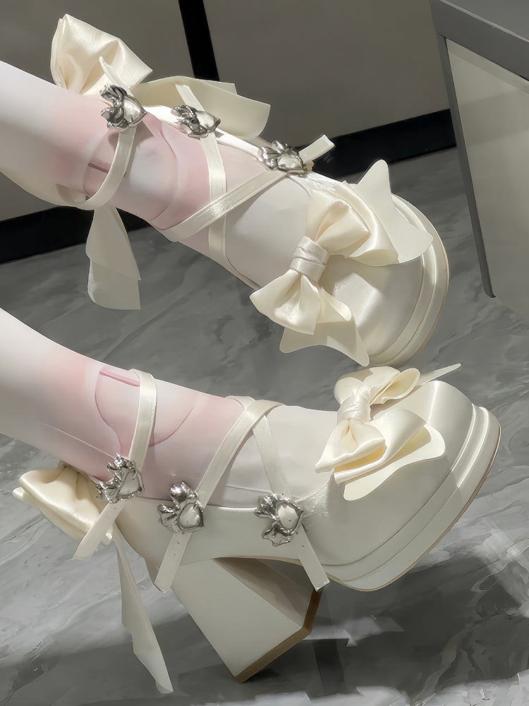 Block White Bow Lolita Removable Classic with Decor Heels High - Buckles Heart