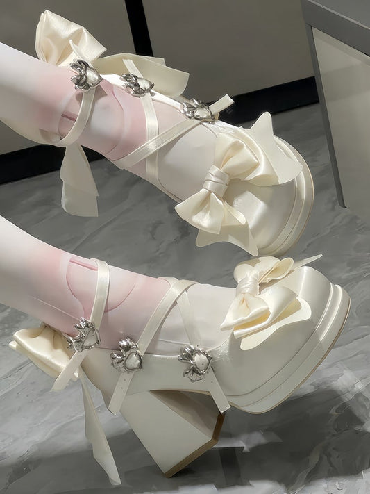 Block White Bow Lolita Removable Classic with Decor Heels High - Buckles Heart