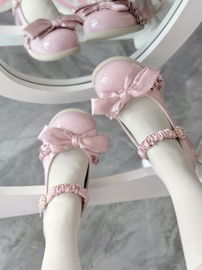 Mary Janes Baby Buckle Bow Gather Mid-heel Sweet - Pink Edging Accents with Lolita Beaded