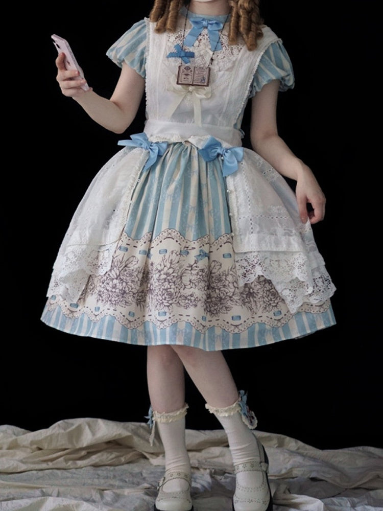 and Floral Blue Embroidery Classic One Bowknot Piece Striped Bodice Version Lolita Short Pattern