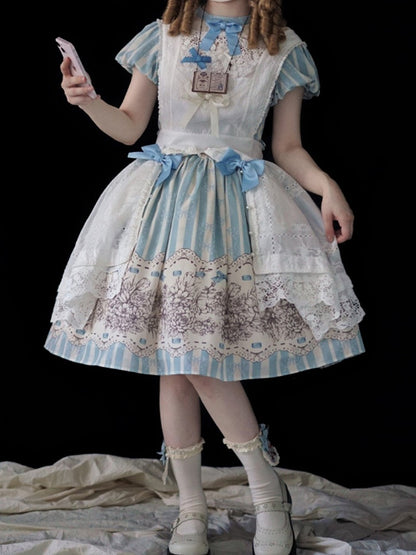 and Floral Blue Embroidery Classic One Bowknot Piece Striped Bodice Version Lolita Short Pattern