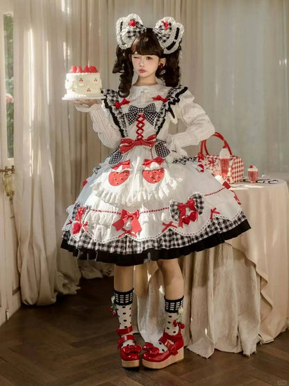 Details Flutter White Sleeves with Sweet Lolita Black Gingham Bow Dress