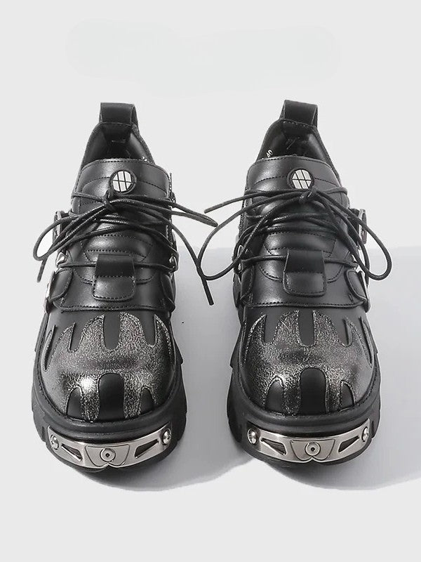 Sole Flame with Platform Triple Metal Plates Punk Closure - Detailing Shoes System Black