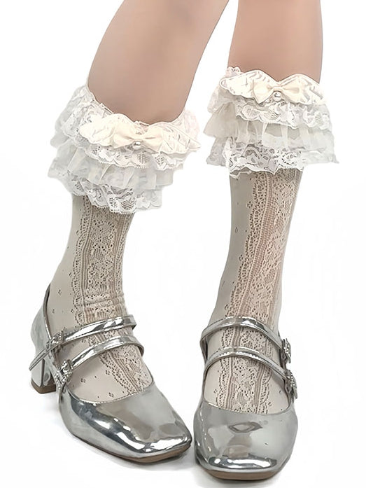 Lace Trim Bowknot Lolita Calf And Beaded Decorated Socks Beige Wings