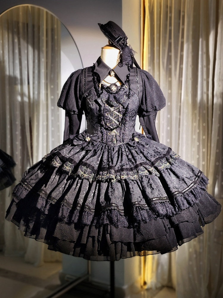Kuro Lolita Natural Waist Princess Corset Jumper Skirt in Black, Size S - Golden Koi Forest