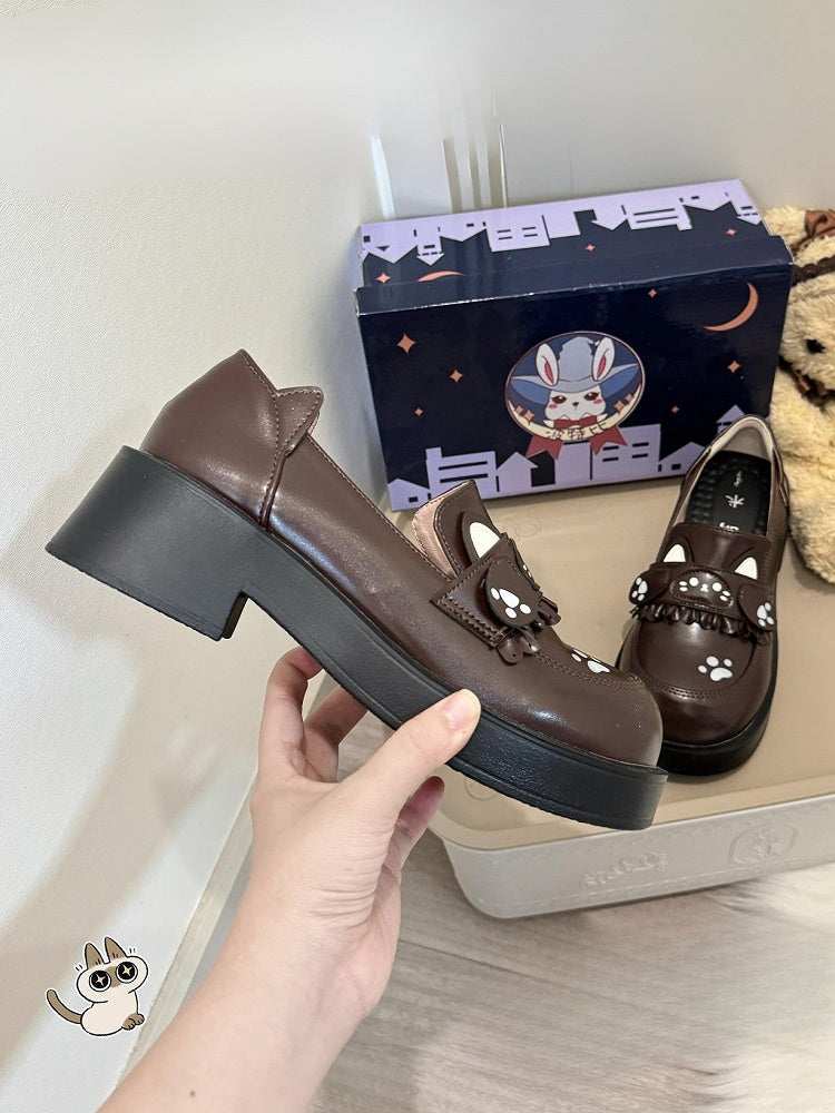 Shoes Cat PU Design with Accents Ear Preppy Print Style Slip-On - Mid-heel Brown Paw