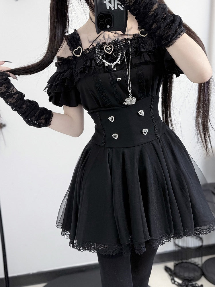 Jirai Kei Black Lace Trim Top with Off-the-shoulder Neckline