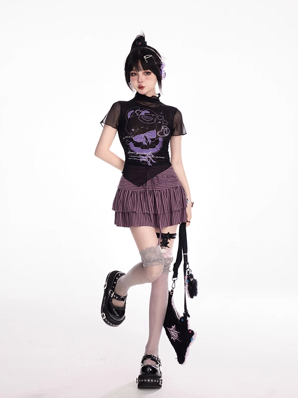 T-Shirt Schwarz Mock Neck Mesh Y2K Süßer Hasendruck Gebogener Saum