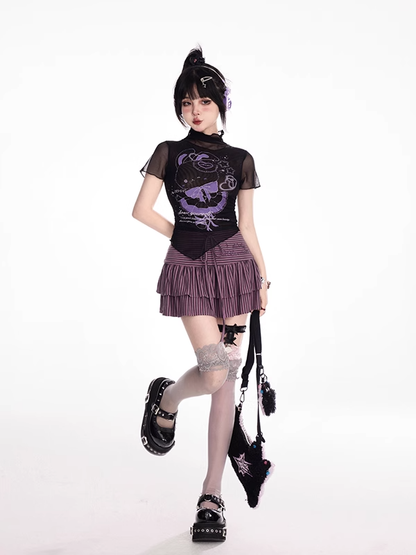 T-Shirt Schwarz Mock Neck Mesh Y2K Süßer Hasendruck Gebogener Saum