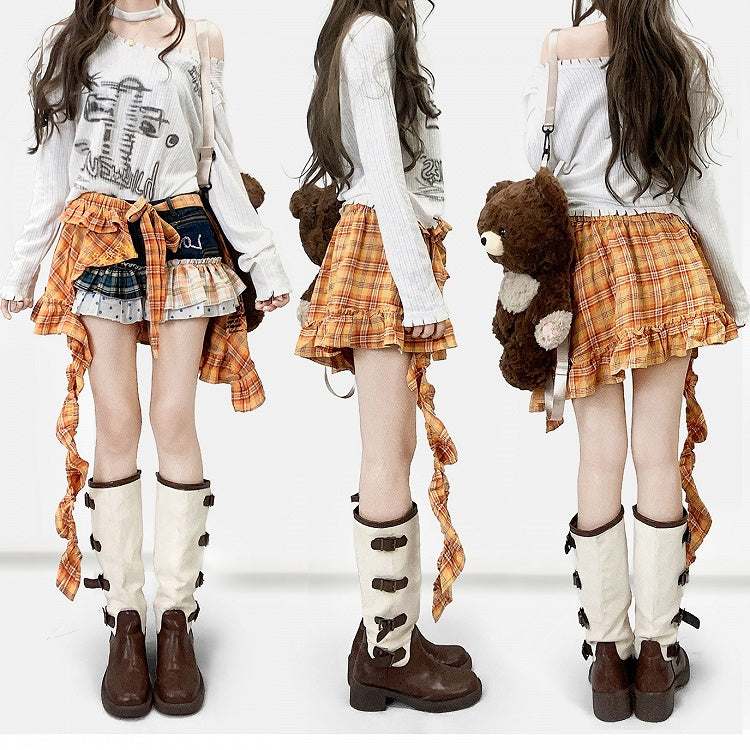 Weißes Y2K-Top mit Ärmeln, asymmetrischer langer Print-Ausschnitt +