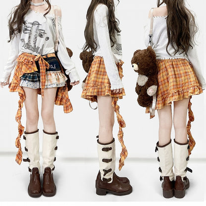 Weißes Y2K-Top mit Ärmeln, asymmetrischer langer Print-Ausschnitt +