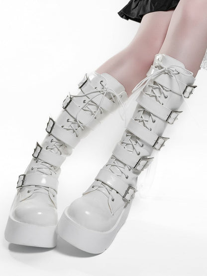 Bottes à plateforme blanches en PU style punk triple fermeture avec système à lacets, boucles et fermeture éclair à hauteur du genou