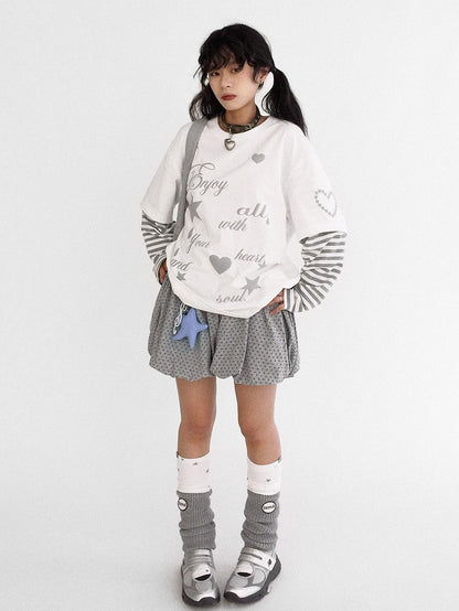 Round Grey Neck White Two-piece Sleeve - Top Long