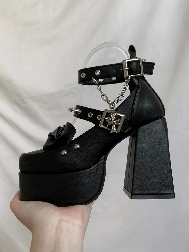 Matte Black Gothic Platform High Block Heels with Removable Ankle Strap, Snap Closure & Bow Accents