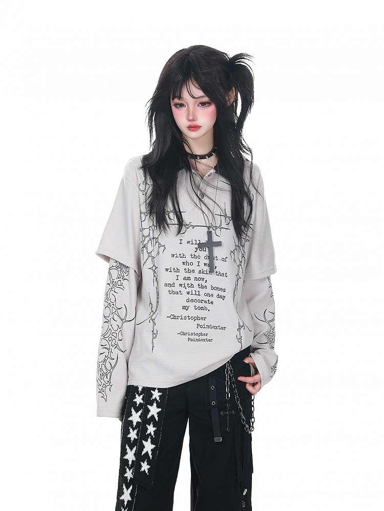 Graphic Long Sleeve Print Faux Two-Piece Gray/Black Punk with Top Gothic