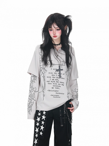 Graphic Long Sleeve Print Faux Two-Piece Gray/Black Punk with Top Gothic