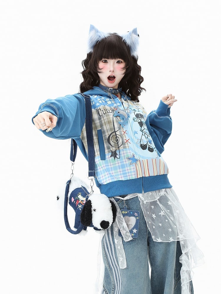 Girl Cartoon Zip-Up Patchwork Print Plaid with Blue/Beige Hoodie Winged