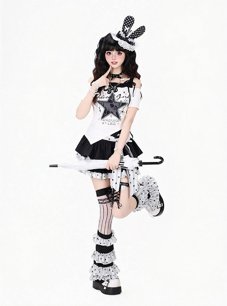 Sweet Edgy Kawaii White & Black Tiered Skirt with Star Print and Waist Tie + Matching Leg Warmers Set - CRAZY GIRL