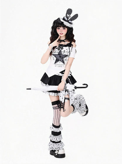 Sweet Edgy Kawaii White & Black Tiered Skirt with Star Print and Waist Tie + Matching Leg Warmers Set - CRAZY GIRL