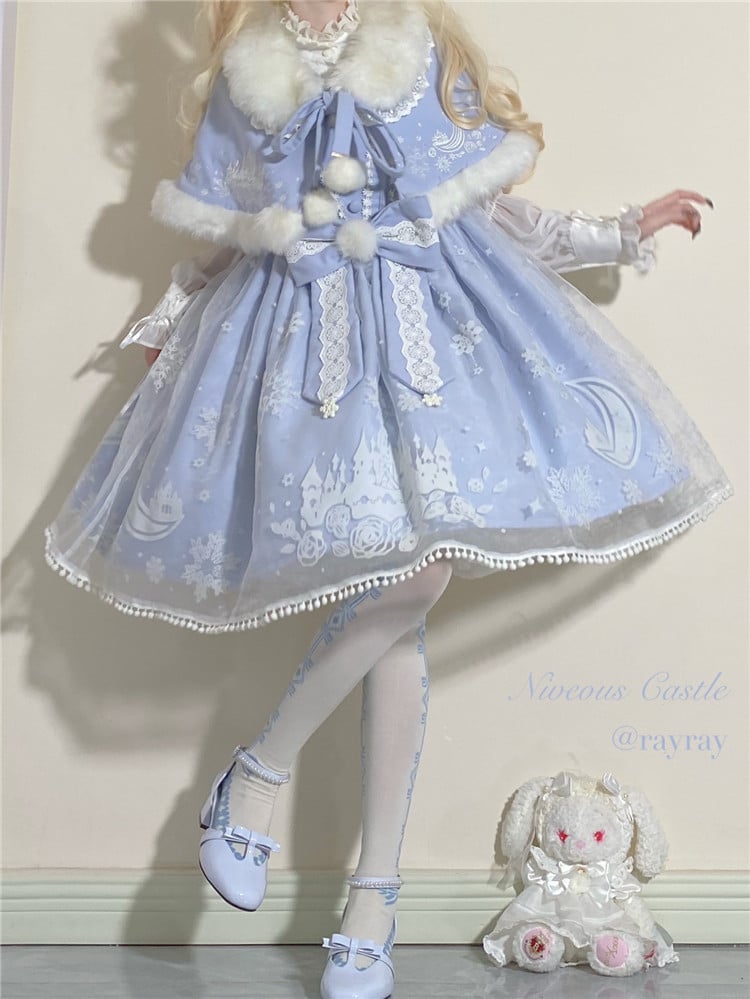Set Overlay Purple Castle Print Trim Moon Cape Snow with Skirt Plush Light Lace Dress Lolita Jumper