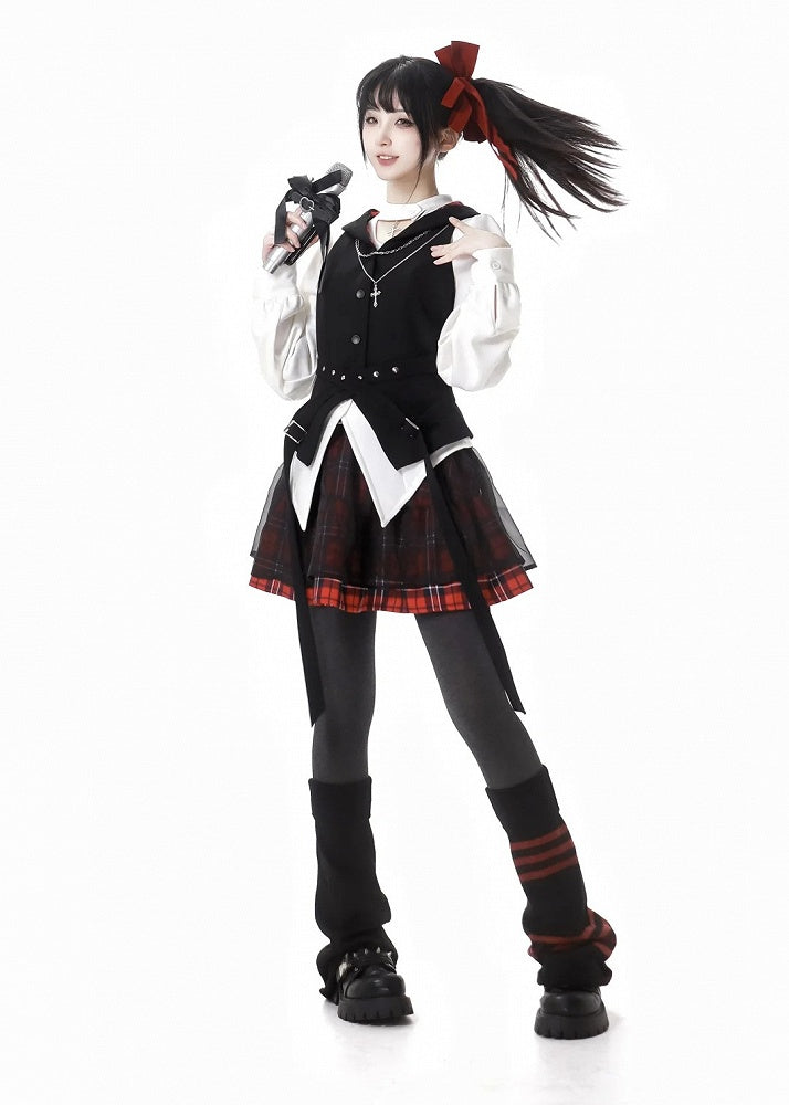 Waist Adjustable Belt with Vest Black Curved Hem Idol Red Plaid Hood