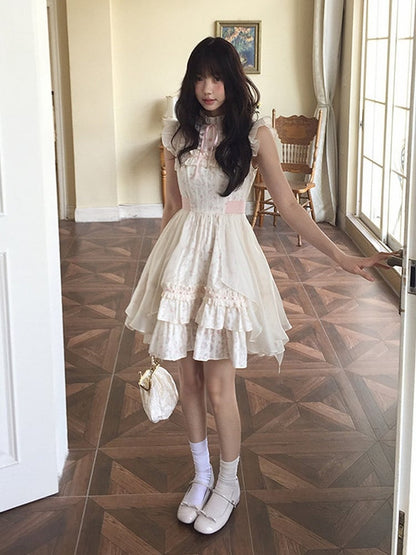 White Seiso-Kei Floral Flutter Sleeve Dress Ruffle - LA LA JK