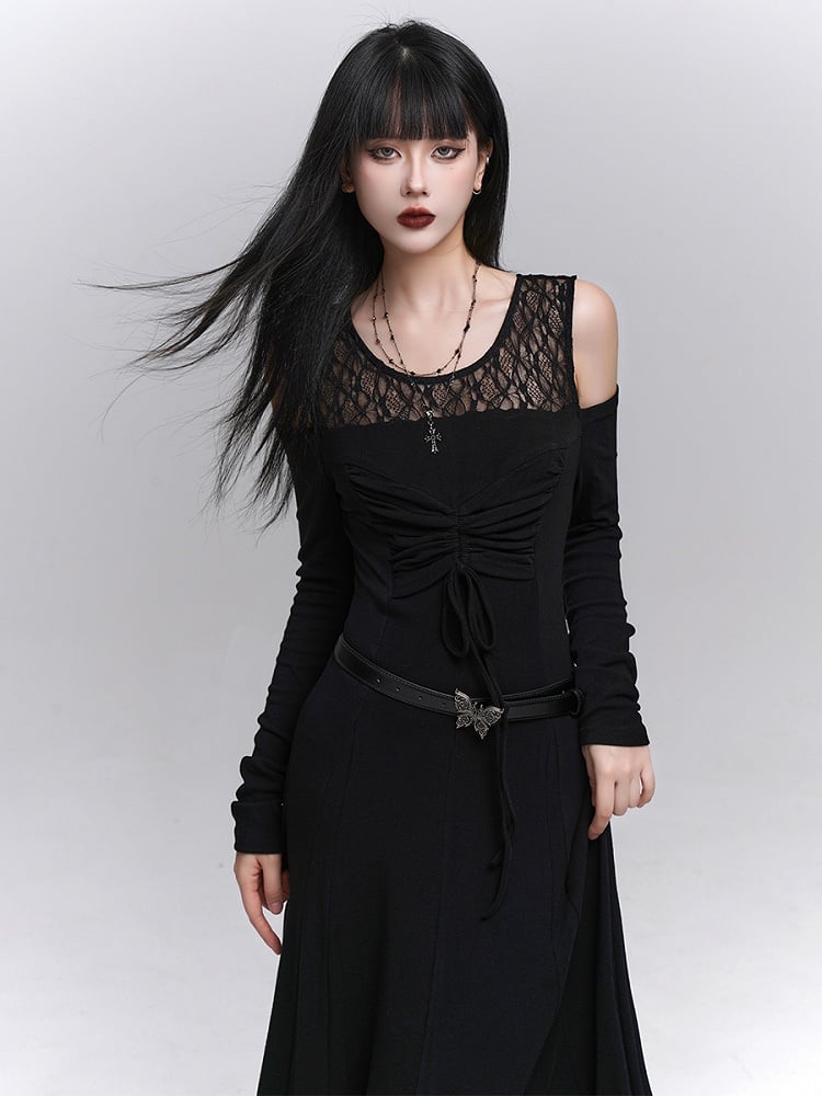 Gothic with Black Two-Piece Neckline Lace Embroidered Dress Faux