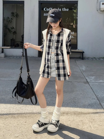 Button Plaid Blue Front Vintage Shirt Navy Placket