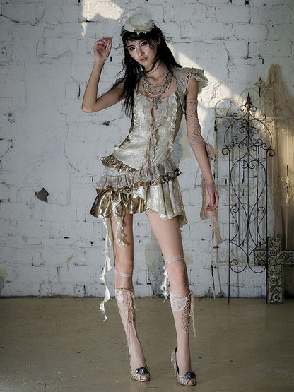 Gold Satin Two-Piece Asymmetrical Dress with Ruffle - NO ROMANCE