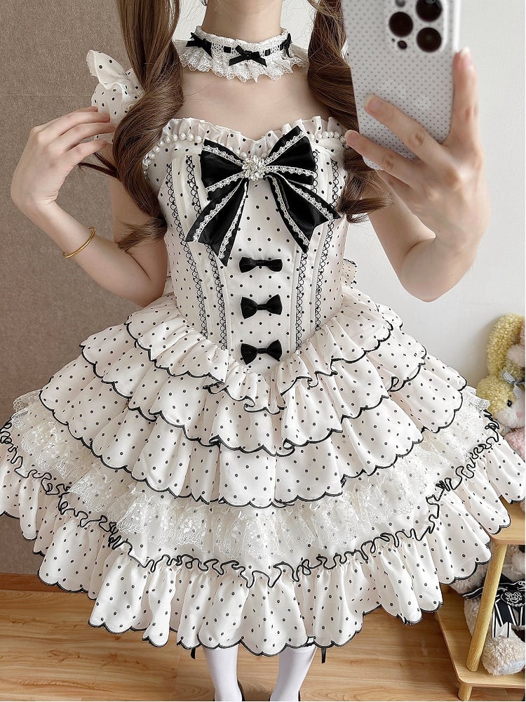 Sweet Lolita Polka Dot Dress with Versatile OP/JSK Design and Tiered Hem White