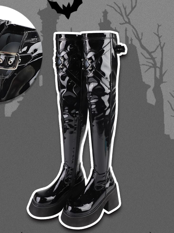 Polierte schwarze Gothic Overknee-Stiefel mit herzförmigem Cutout-Detail