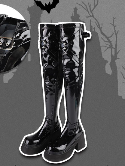 Polierte schwarze Gothic Overknee-Stiefel mit herzförmigem Cutout-Detail
