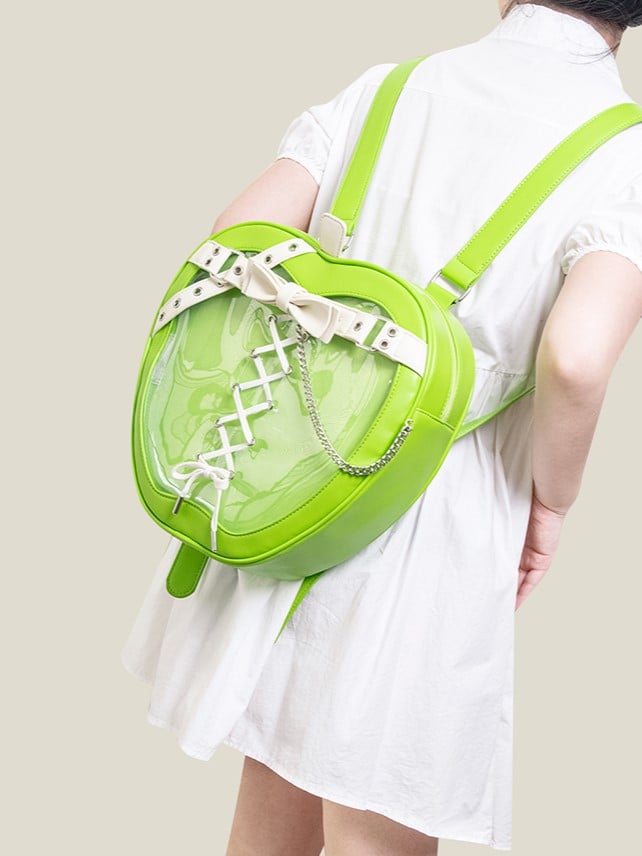Belt And Bow Accents Chic Green Apple-Shaped Ita Backpack With White