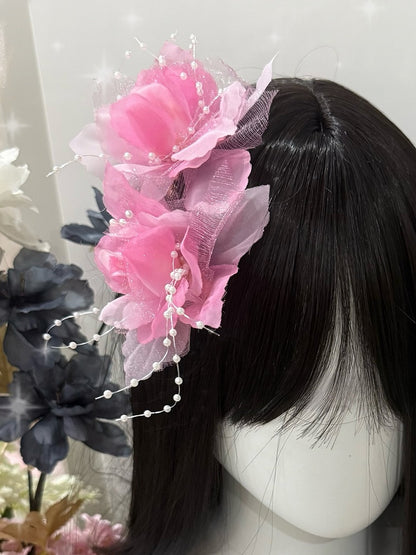 Hairclips Decorated Pink Beaded Floral
