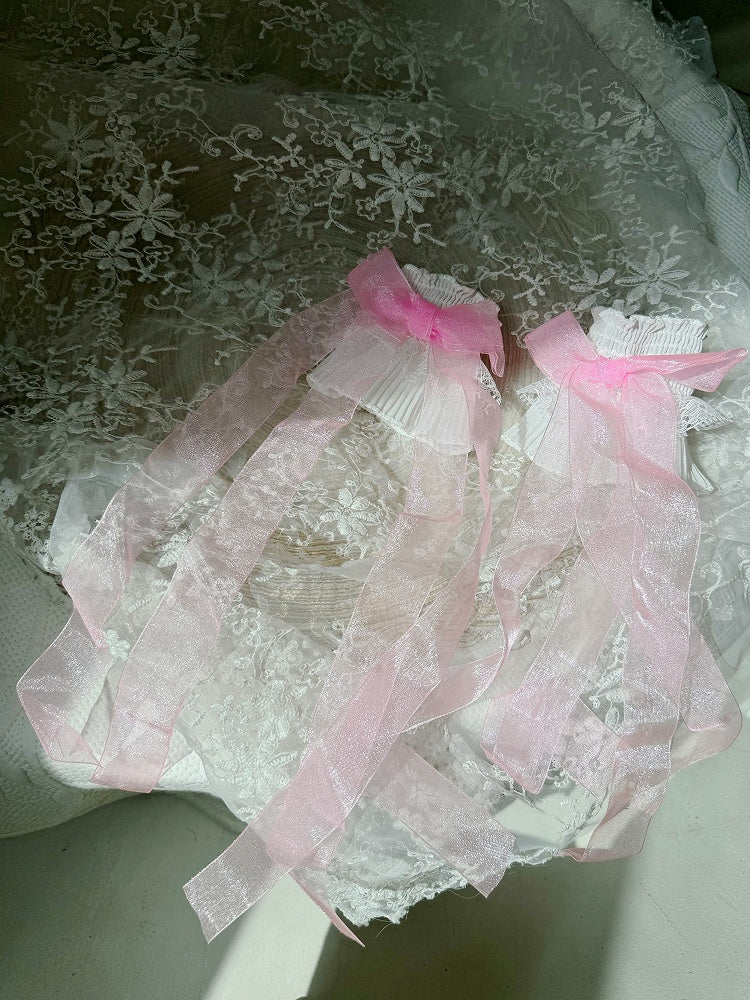 Ribbon Wrist Cuffs Pink Bows White/Black/Pink Lace Black