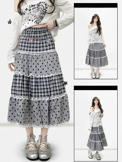 Graues Musterbesatz Polka-Dot Y2K und Rockspitze Bittersüßes Karo