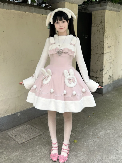 Rosa Lolita-Kleid mit süßem Winterhasen-Motiv und Plüsch-Ausschnitt und -Saum