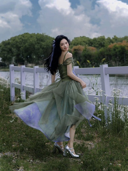 Elegant Green Layered High-Low Skirt - Zao Jing Ji