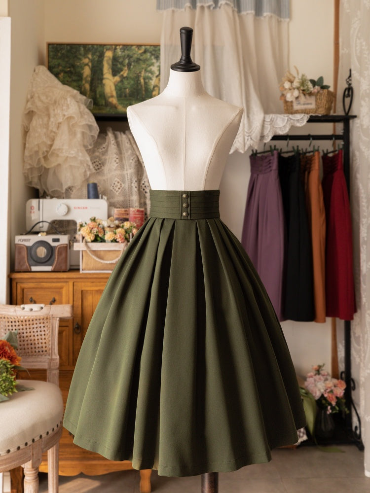 Classic Lolita High-Waisted Pleated Midi Skirt in Olive Green