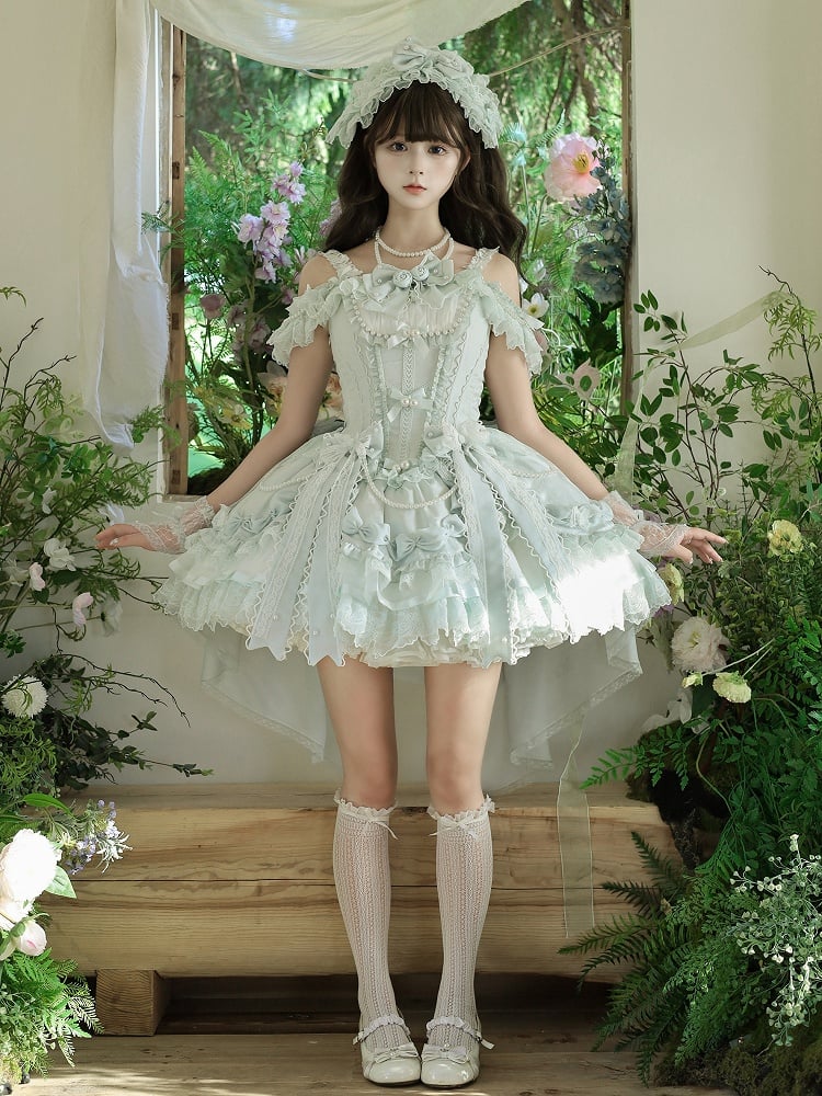 Green Dress Waist and with Princess Bows Bead Decorated Chains Lolita Corset Balletcore