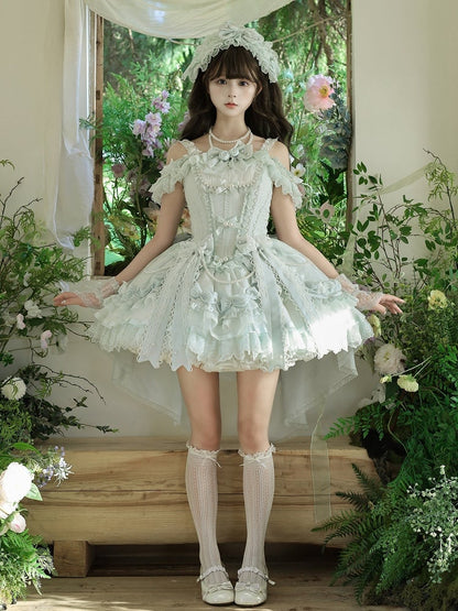 Green Dress Waist and with Princess Bows Bead Decorated Chains Lolita Corset Balletcore