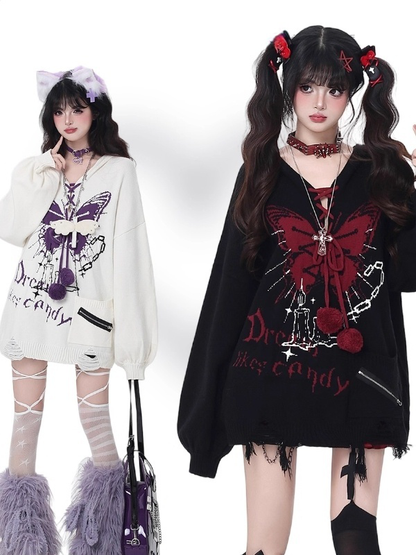 Pattern and Pom-Pom Details V-Neck Balloon Sleeve Knit Sweater with Butterfly Colors | 4