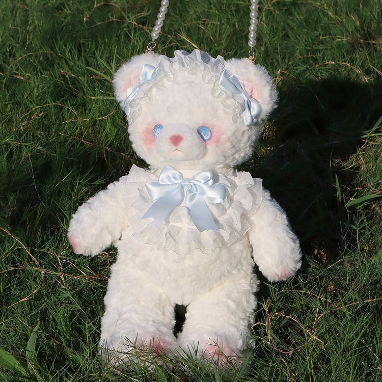 White Blue/Pink Convertible Plush Bag Strap Bear with